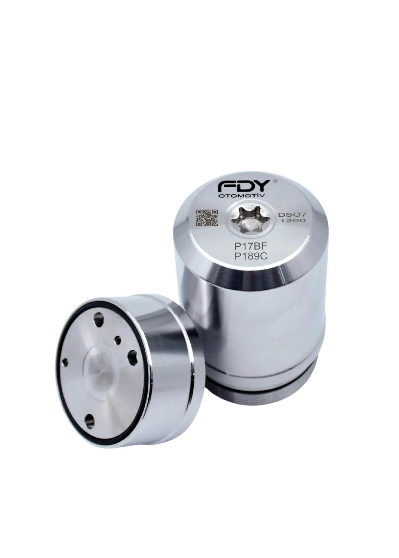 Acumulador de presión reforzado FDY para DSG 7 junto a su copa con junta tórica premontada y tapa marcada con P17BF y P189C