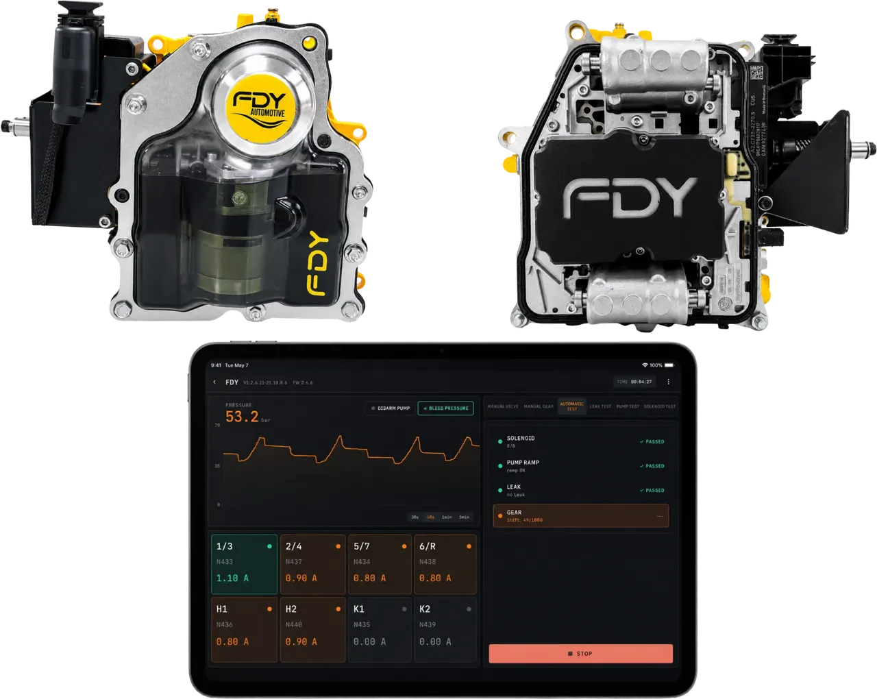 Sistema de prueba de mecatrónica FDY: dos unidades mecatrónicas DQ200 y la aplicación de prueba FDY con la presión del sistema, las corrientes de las electroválvulas y los resultados de la prueba