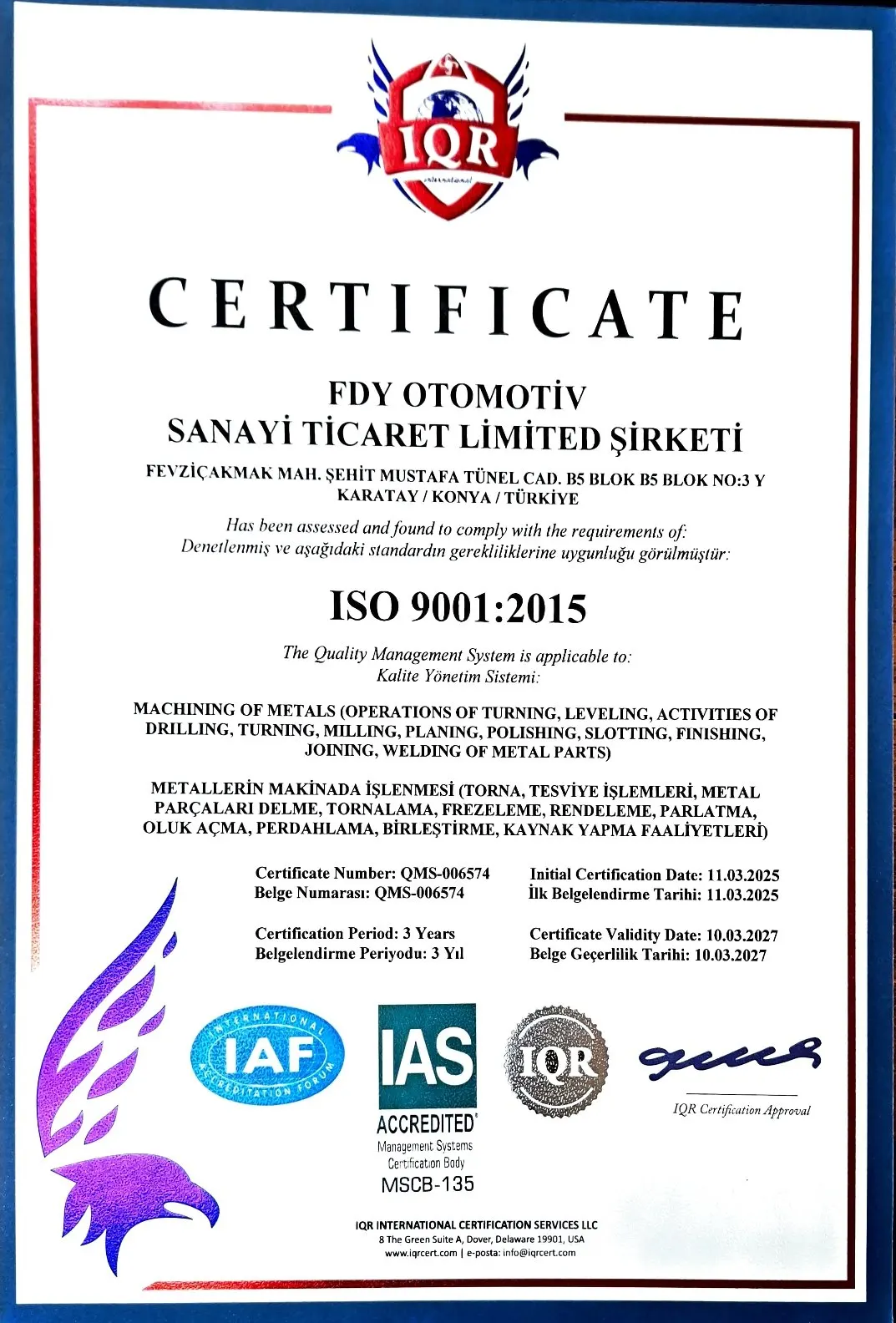 Certificado ISO de FDY Automotive — foto 1
